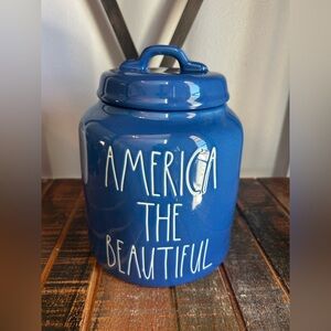 Rae Dunn AMERICA THE BEAUTIFUL Blue Cookie Jar Chubby Canister Patriotic NEW